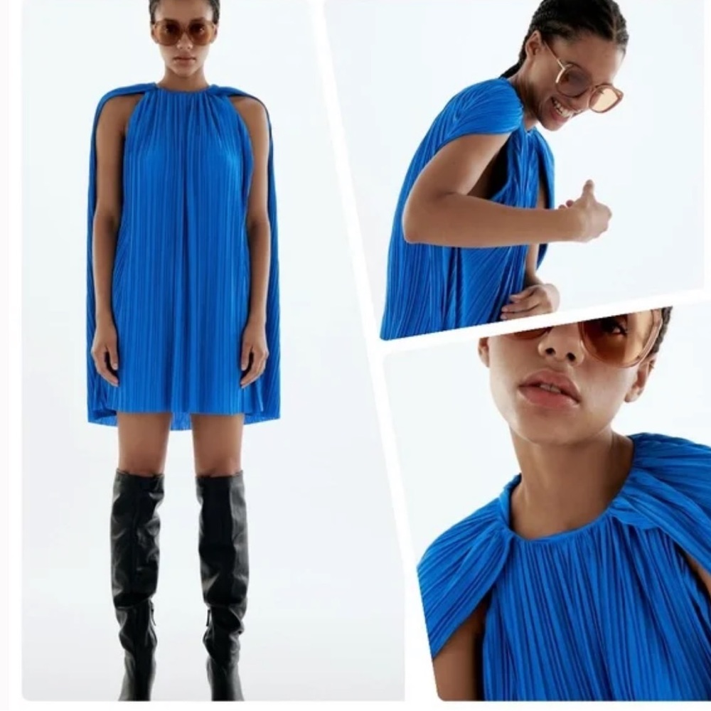 Zara Blue Pleated Cape Dress